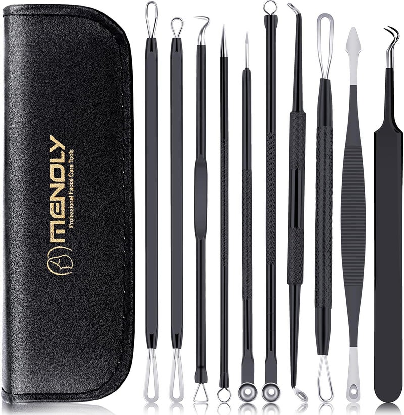 MENOLY Pimple Popper Tool Kit 10 Pcs Blackhead Remover Tool Zit Popper for Blemish, Pimple Comedone Extractor Acne Tool for Blackheads, Acnes, Whiteheads Nose Face Tools with Leather Bag - Image 1